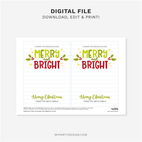 Teacher Christmas Letter Printable T My Party Design