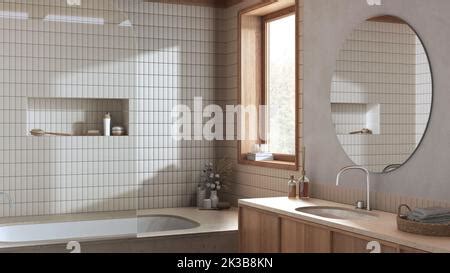 Wooden And Marble Japandi Bathroom In Orange And Beige Tones Bathtub