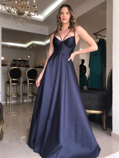 Simple V Neck Dark Blue Satin Long Prom Dresses Open Back Blue Formal