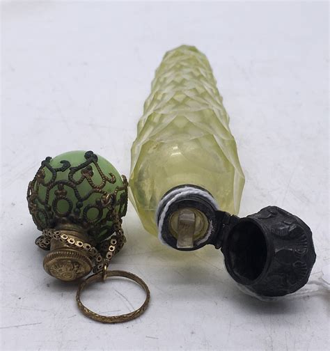 Yellow Victorian Vaseline Glass Perfume Bottle With Stopper 5 Inches Tall And A Similar Period