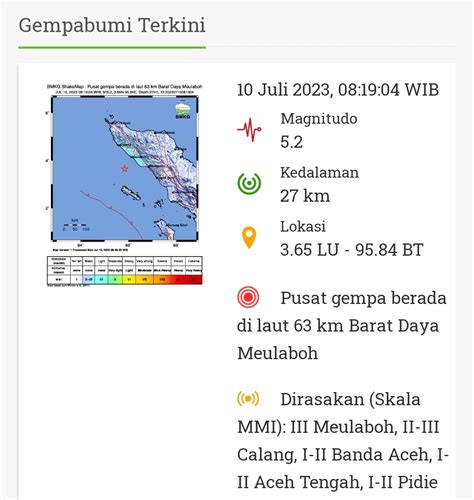 Gempa Bumi Magnitudo Guncang Wilayah Pantai Barat Daya Meulaboh