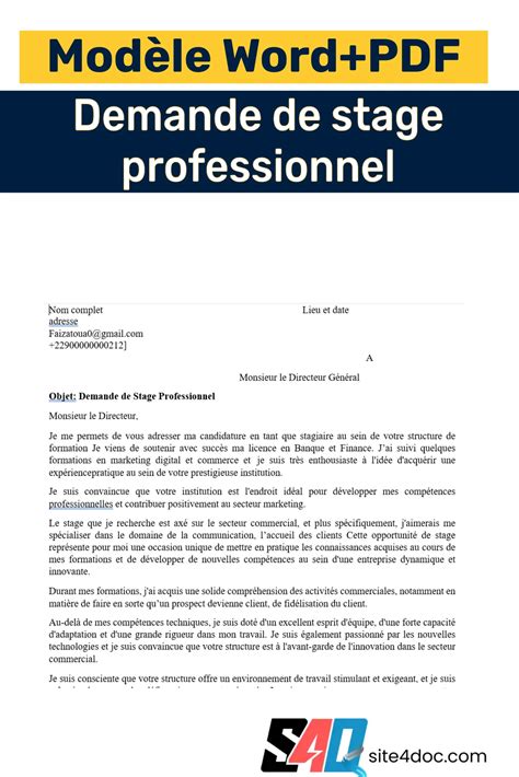 Exemple De Lettre De Demande De Stage Professionnel Word Et Pdf Site Doc