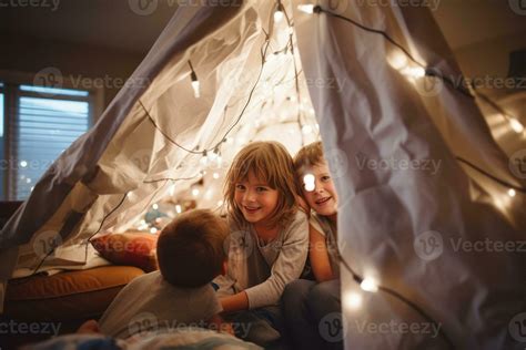 A children building a cozy blanket fort in the living room, complete with pillows and fairy ...