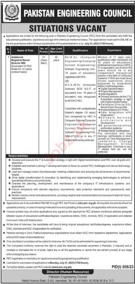 Job Advertisement At PEC Islamabad 2025 Job Advertisement Pakistan