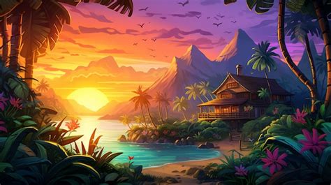 Paisaje De Dibujos Animados De Una Isla Tropical Foto Gratis