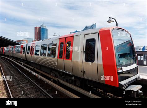 Hamburg Red Unmanned U Bahn Subway Train On Baumwall Station On