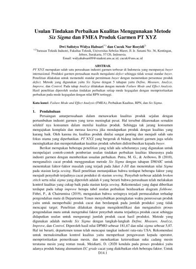 Usulan Tindakan Perbaikan Kualitas Menggunakan Metode Six Sigma Dan Fmea Produk Garmen Pt Xyz
