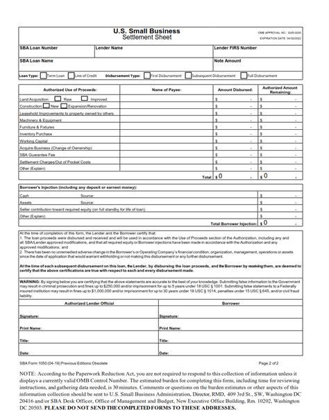 Sba Form Settlement Sheet Use Of Proceeds Certification