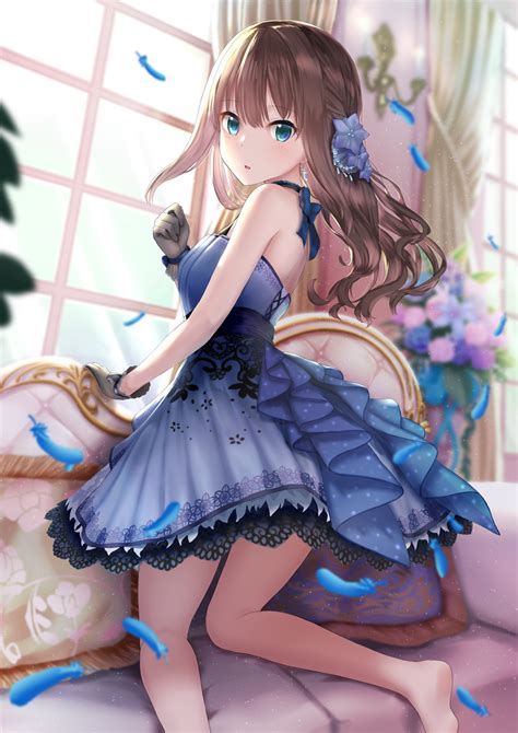 Safebooru 1girl Bare Shoulders Barefoot Black Gloves Blue Dress Blue