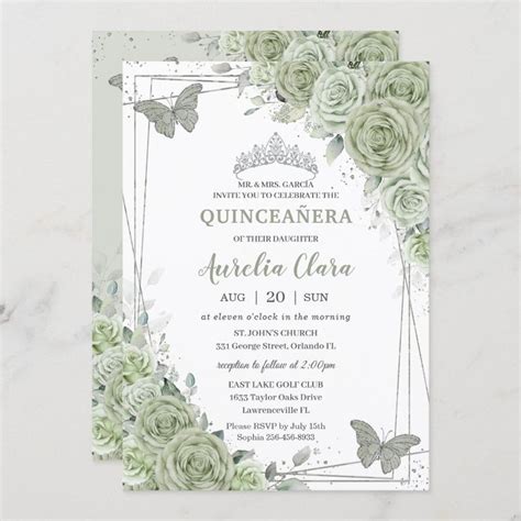 Sage Green Floral Butterflies Silver Quincea Era Invitation Zazzle In