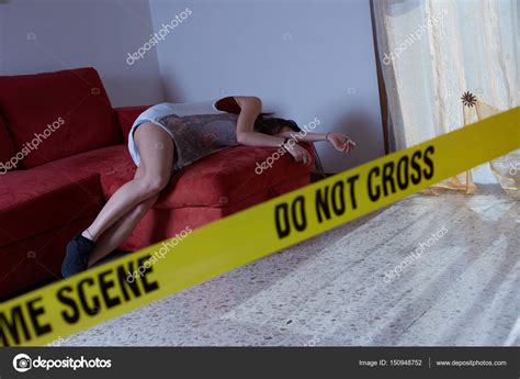 Crime Scene Imitation Lifeless Woman Lying On The Floor Stock Photo By