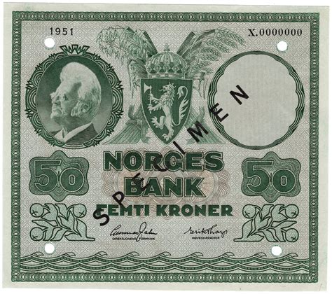 Meyer Eek Auksjon 50 Kroner 1951 X 0000000 Specimen Kv 0