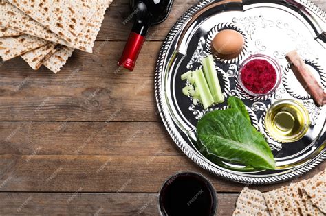 Premium Photo Flat Lay Composition With Passover Seder Plate Keara On Wooden Table Space For