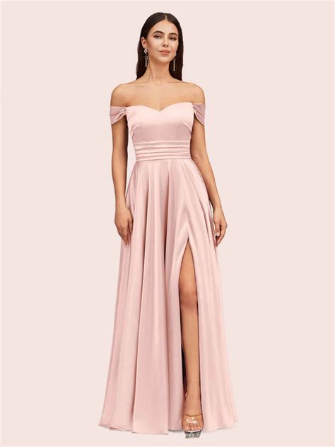 Sexy Off Shoulder Side Slit A Line Long Soft Satin Formal Prom Dresses