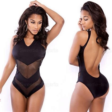 Black Women Swimwear Mesh Sheer 2015 One Piece Sexy Monokinis Modest