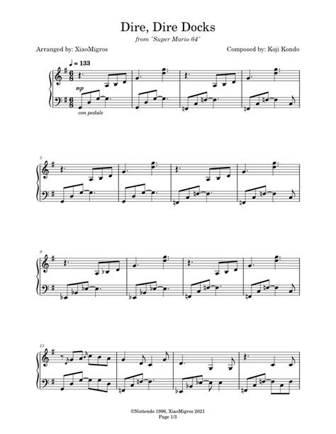 Dire Dire Docks Super Mario 64 Sheet Music For Piano Solo