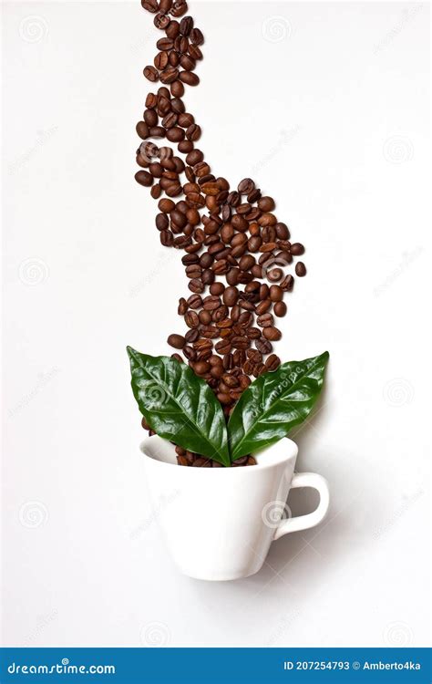 Roasted Coffee Beans With Green Leaves In Mug Stock Image Image Of