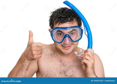 Man With Snorkeling Mask For Diving Isolated On White Stock Photo