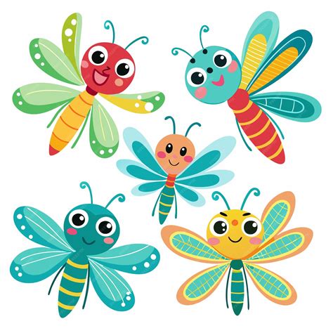 Five cute cartoon dragonflies with different colors and patterns on a