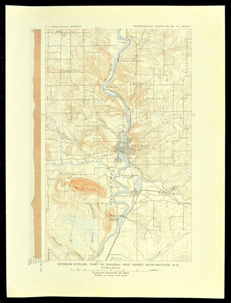 Wausau Map Of Wausau Wisconsin Topographic Print Antique Etsy