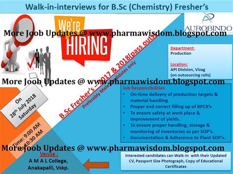 AUROBINDO PHARMA LTD Walk In Interview For B Sc Freshers On 28th July