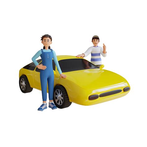 young man and girl standing next to yellow car 3d character illustration 11381894 PNG