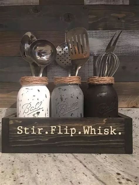 Flip Stir Whisk Kitchen Decor Utensils Holder Mason Jar Utensils Holder