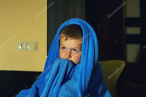 A Scared Little Boy Afraid In Bed At Night Childhood Fears Stock