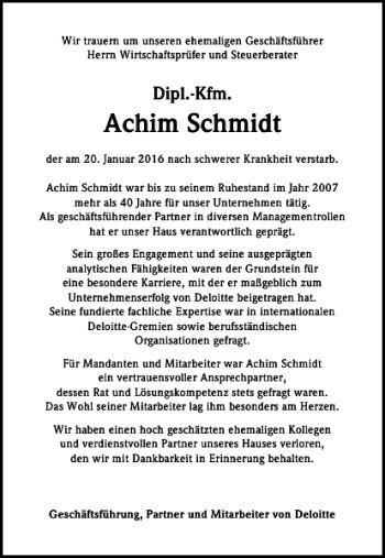 Traueranzeigen Von Achim Schmidt Trauer Anzeigen De