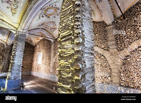 Skulls and bones of former monks decorating the walls inside the Capela ...