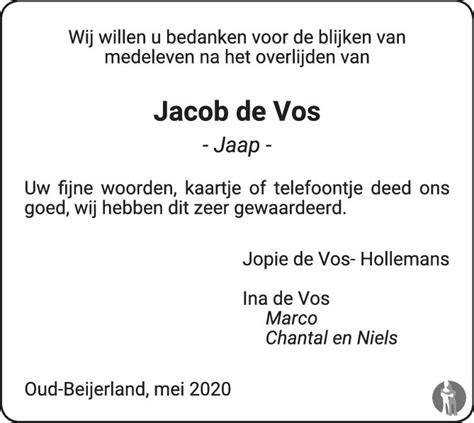 Jacob Jaap De Vos Overlijdensbericht En Condoleances