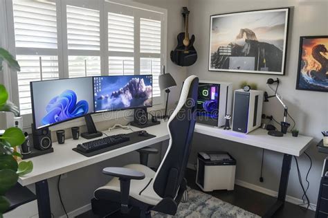 Modern Workspace Featuring Dual Monitors Ergonomic Chair Plants Stock ...