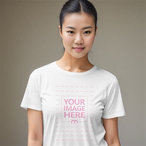 Asian Female Model With Round Collar T Shirt Mockup Generator