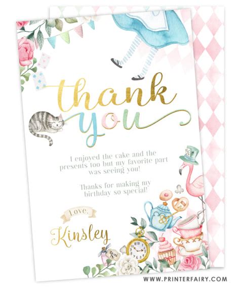 Alice In Wonderland Thank You Card Printerfairy