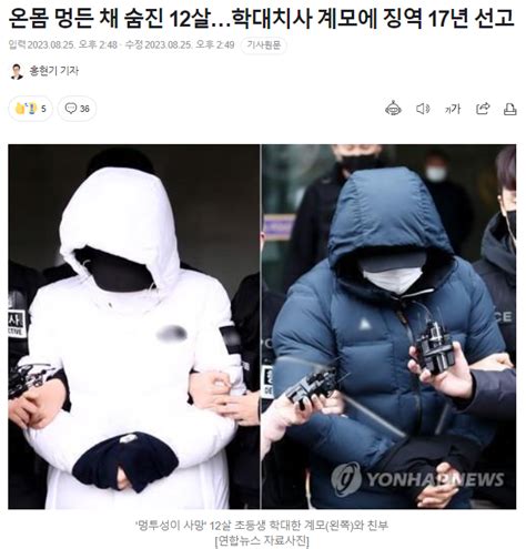 온몸 멍든 채 숨진 12살…학대치사 계모에 징역 17년 선고 유머 움짤 이슈 에펨코리아