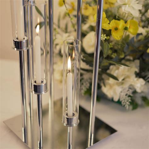 42 Silver 8 Arm Cluster Taper Candle Holder With Clear Glass Shades Large Candle Arrangement