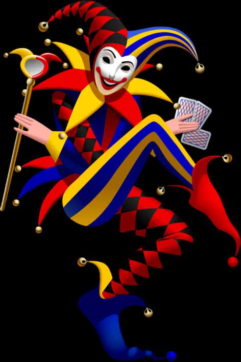 Download Colorful Jester Holding Cardsand Scepter