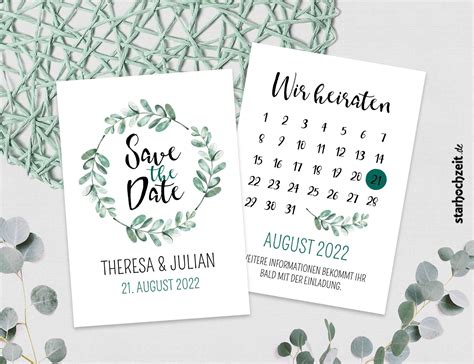 Save The Date Karten Soft Greenery Kalender Eukalyptus