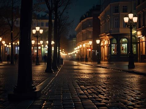 dimly lit street  night   central focus premium ai generated