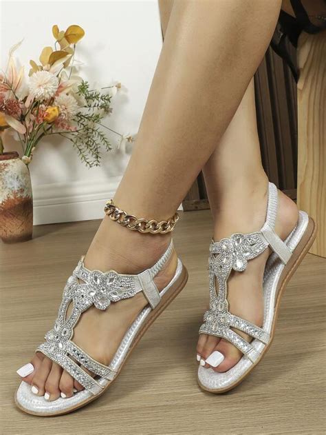 Women Metallic Rhinestone Decor Slingback Sandals Glamorous Summer Flat Sandals Shein Usa