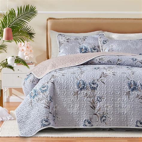 Amazon Uozzi Bedding Floral Quilt Set Pieces Queen Size Blue