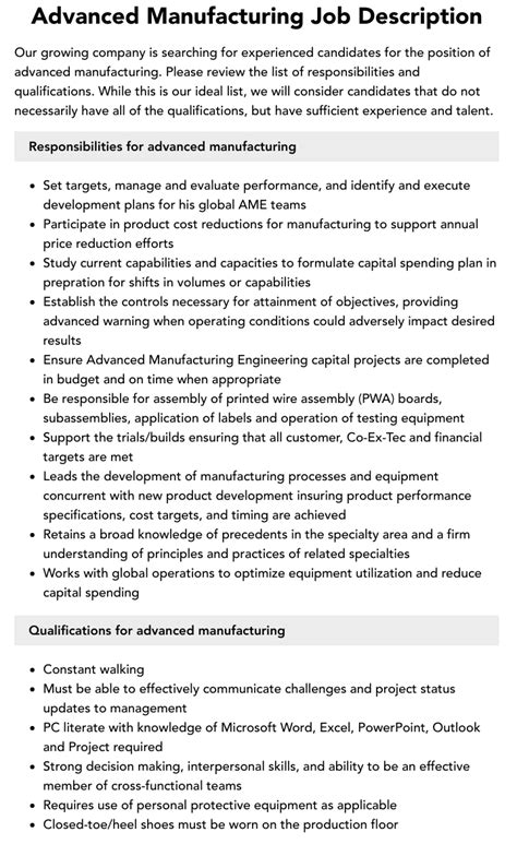 Advanced Manufacturing Job Description Velvet Jobs