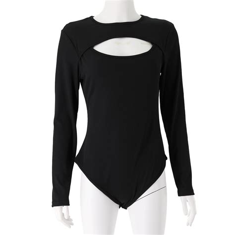 Sexy Bodysuit Ladies Hollow Slim Fit Womens Long Sleeve Round Collar