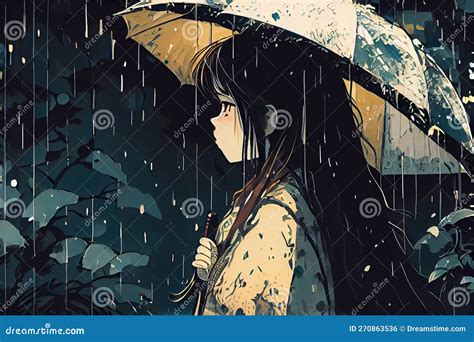 Anime Girl Under An Umbrella In The Rain Generative Ai Generative Ai