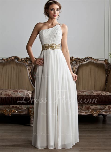 A Line One Shoulder Floor Length Chiffon Prom Dresses With Beading