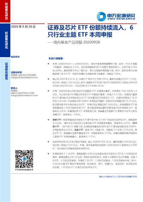 场内基金产品周报：2020年9月28日，证券及芯片etf份额持续流入，6只行业主题etf本周申报