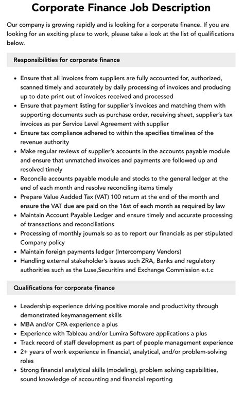 Corporate Finance Job Description Velvet Jobs