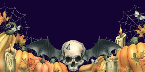 Human Skull With Bat Wings Orange Pumpkins Cobwebs Candles And Autumn Maple Leaves Hand