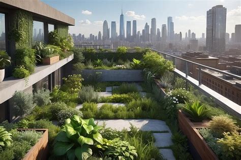 Premium Photo A Rooftop Garden With Lush Greenery And Cityscape Views