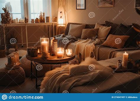 Cozy Living Room With Warm Lighting And Cozy Blankets Stock Image